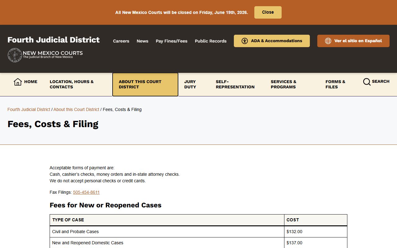 San Miguel County Clerk of Court fees and filing costs