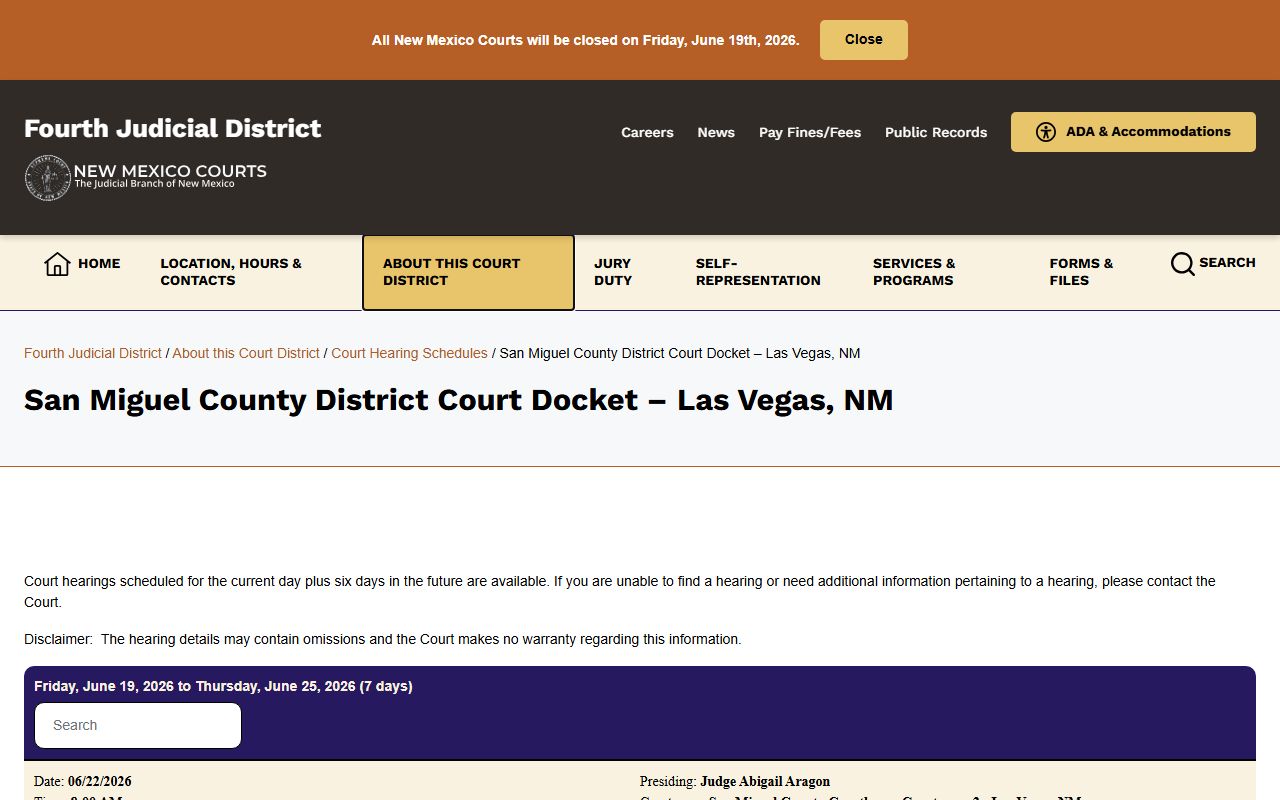 San Miguel County court dockets District Court schedule
