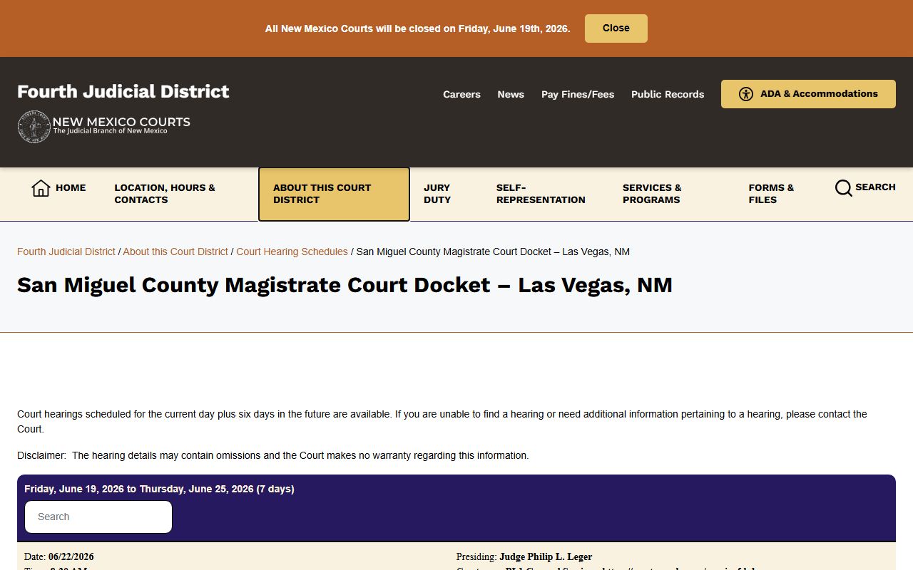 San Miguel County court dockets Magistrate Court schedule