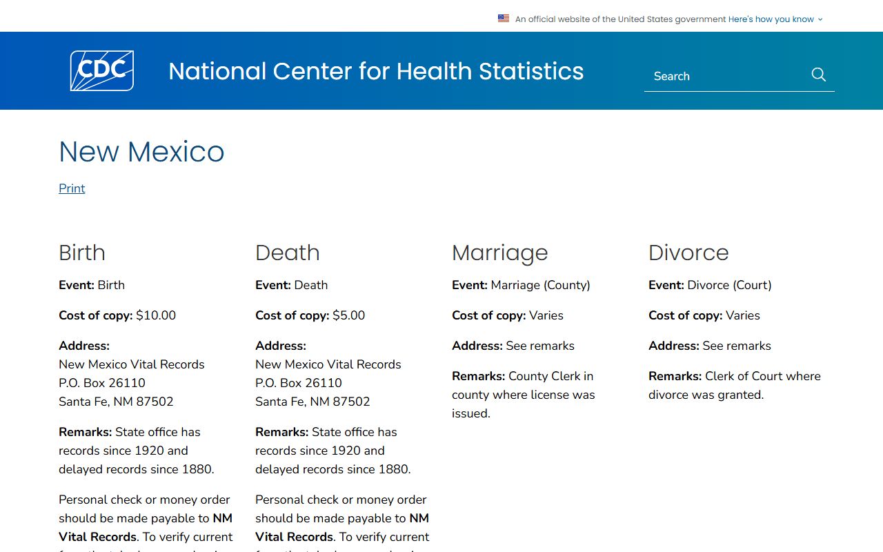 CDC New Mexico vital records directory for marriage and divorce records