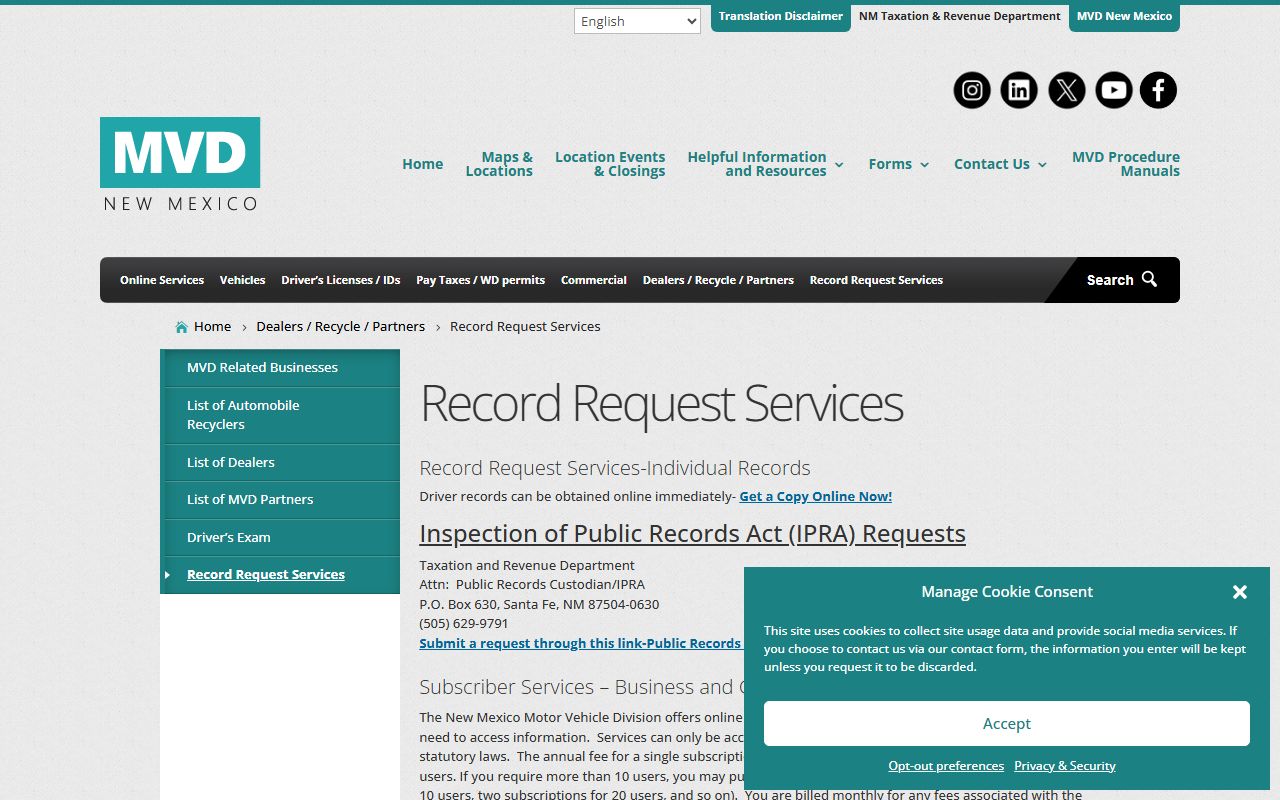 New Mexico MVD driver and vehicle data access page