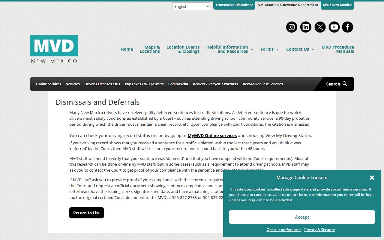 New Mexico MVD dismissals and deferrals page for traffic records