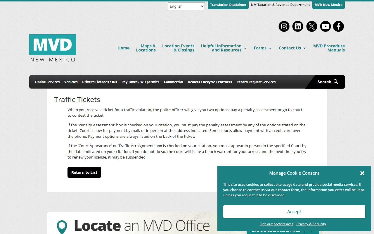 New Mexico MVD traffic tickets page for San Miguel County citation payment